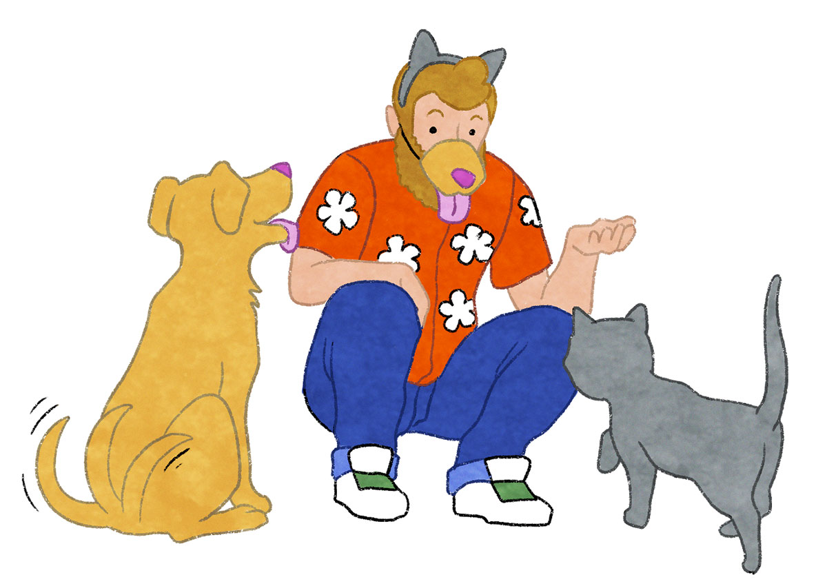 Bearded man wearing cat ears and dog snout communicating with cat and dog.