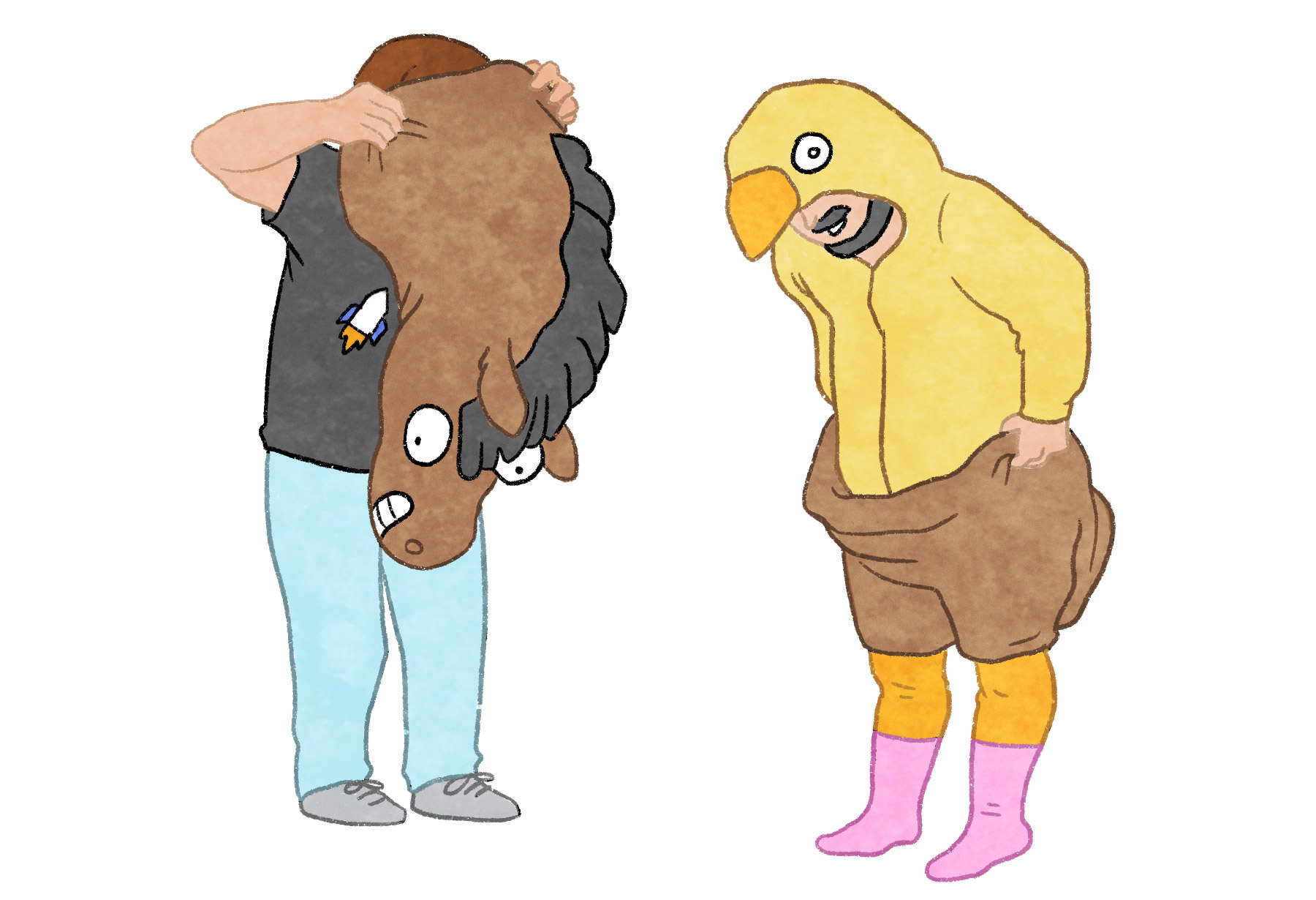 Man puts horse-face costume over his head. Black-bearded man wearing bird onesie costume slips horse-body costume onto his legs.