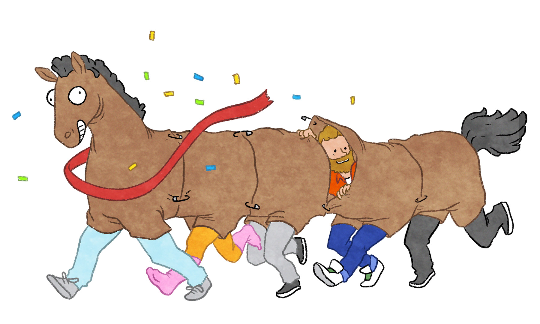 A ten-legged horse costume held together with safety pins and a brown-bearded man peeking out through a hole cross red ribbon finish line with confetti.